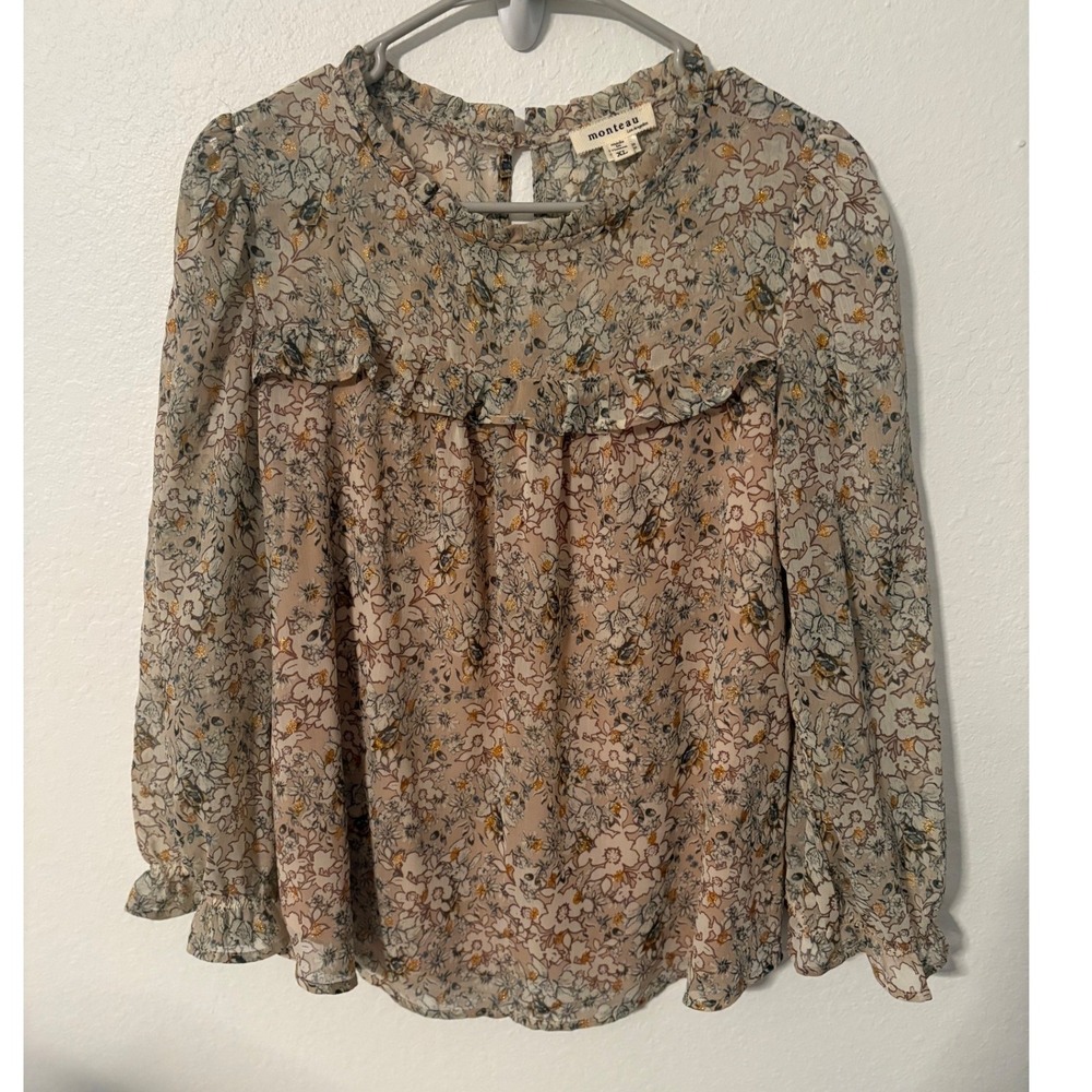 Monteau Los Angeles Floral Ruffle Yoke Blouse Metallic Gold Camel XL Womens